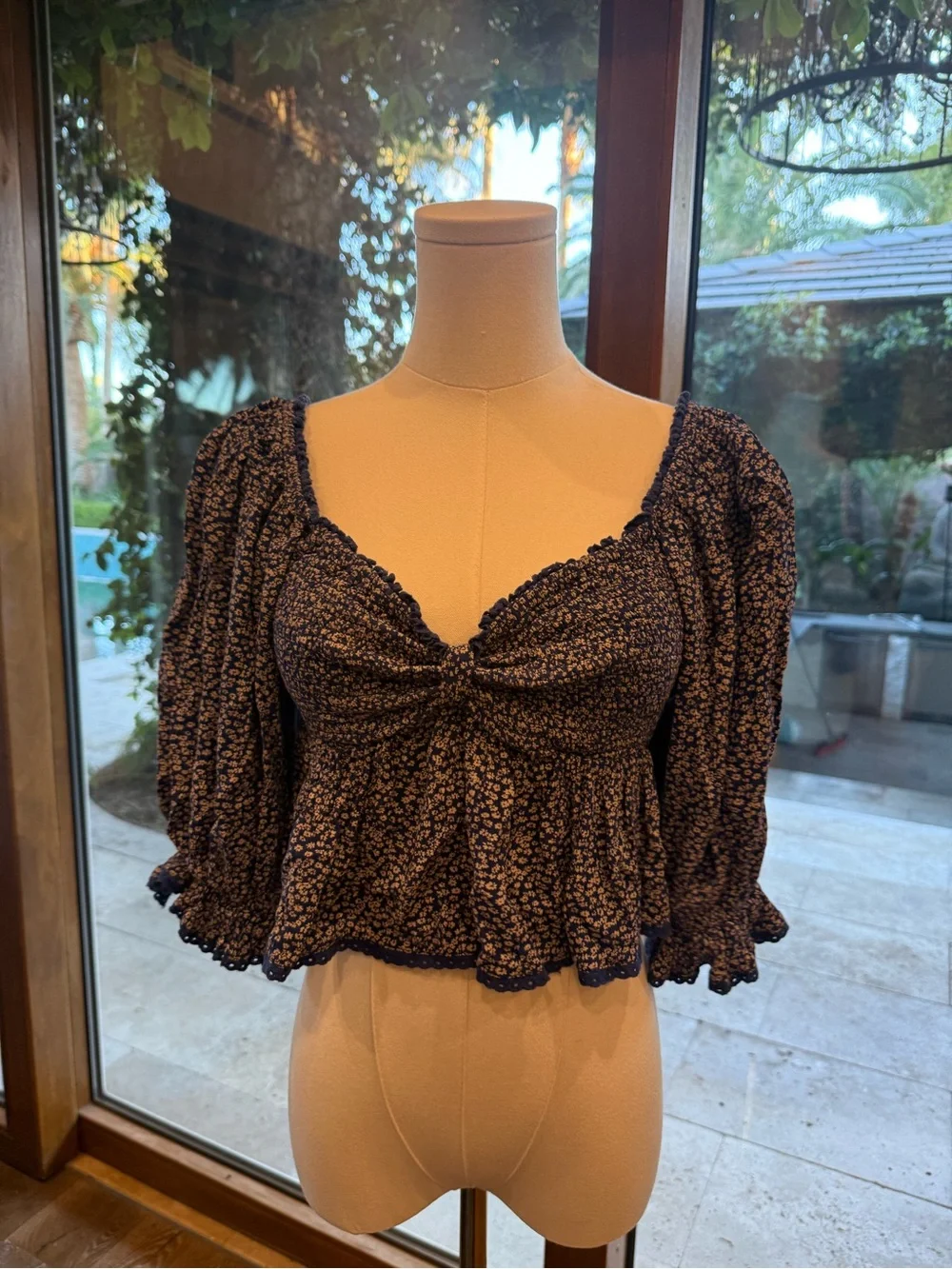 Free People Navy Black Floral Smocked Puff-Sleeve Crop Top